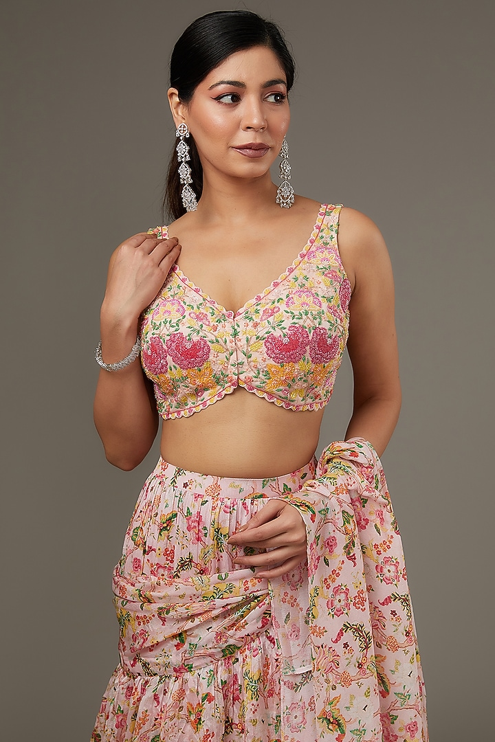 Peach Crepe Floral Chintz Printed Pre-Stitched Layered Wedding Saree Set by Aneesh Agarwaal PRET at Pernia's Pop Up Shop