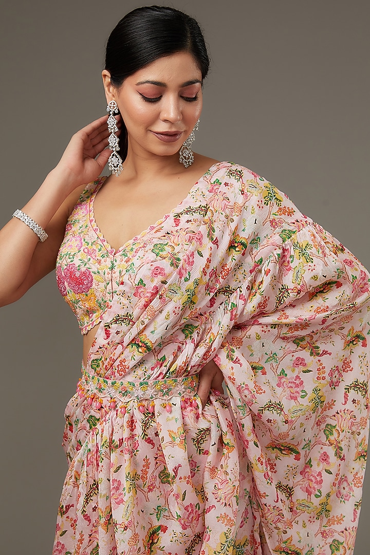 Peach Crepe Floral Chintz Printed Pre-Stitched Layered Wedding Saree Set by Aneesh Agarwaal PRET at Pernia's Pop Up Shop