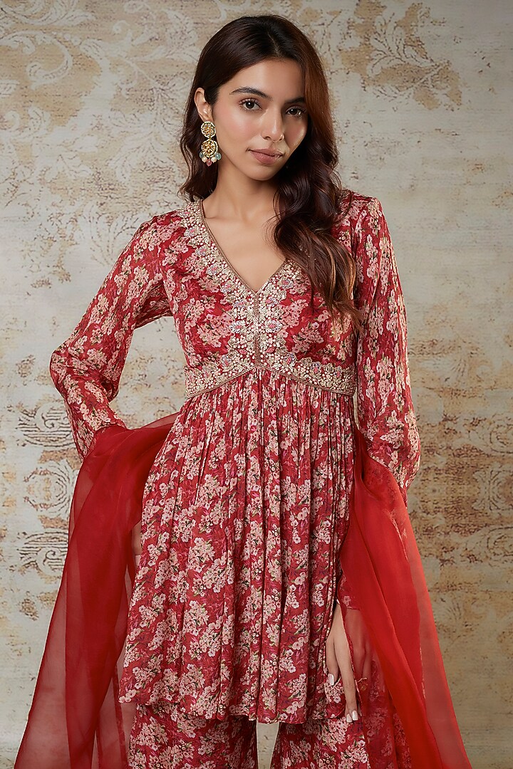 Maroon Chinon Chiffon Wedding Sharara Set by Aneesh Agarwaal PRET at Pernia's Pop Up Shop