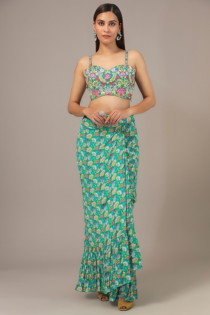 Green Crepe Skirt Set by Aneesh Agarwaal PRET at Pernia's Pop Up Shop