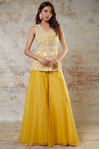 Yellow Silk Organza Palazzo Set by Aneesh Agarwaal PRET