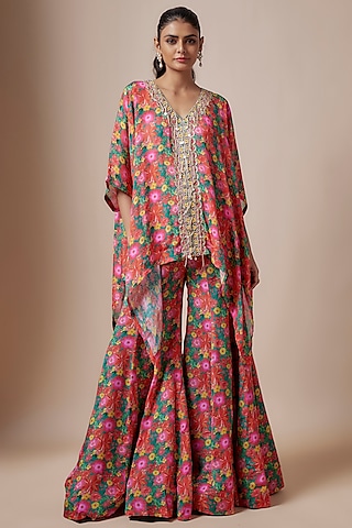 Green Crepe Floral Printed Sharara Set by Aneesh Agarwaal PRET