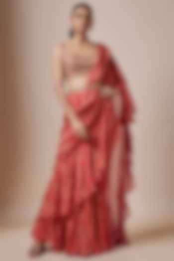 Maroon Crepe Chintz Printed Pre-Draped Ruffled Saree Set by Aneesh Agarwaal PRET