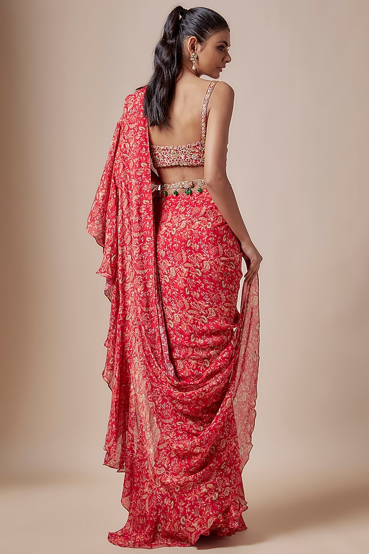 Maroon Crepe Chintz Printed Pre-Draped Ruffled Wedding Saree Set by Aneesh Agarwaal PRET at Pernia's Pop Up Shop