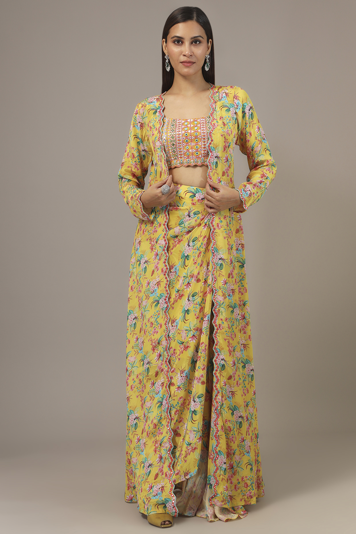 Yellow Crepe Thread Embroidered Jacket Set by Aneesh Agarwaal PRET at Pernia's Pop Up Shop