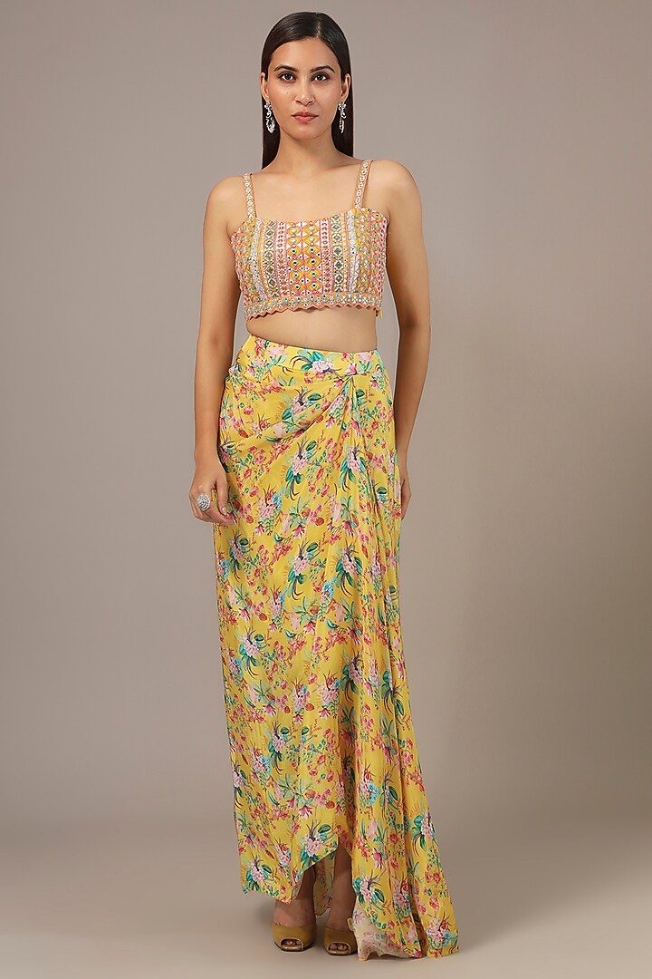 Yellow Crepe Thread Embroidered Jacket Set by Aneesh Agarwaal PRET at Pernia's Pop Up Shop