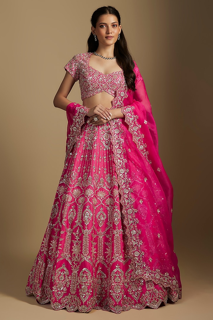 Pink Silk Silver Embroidered Bridal Lehenga Set by Aneesh Agarwaal at Pernia's Pop Up Shop