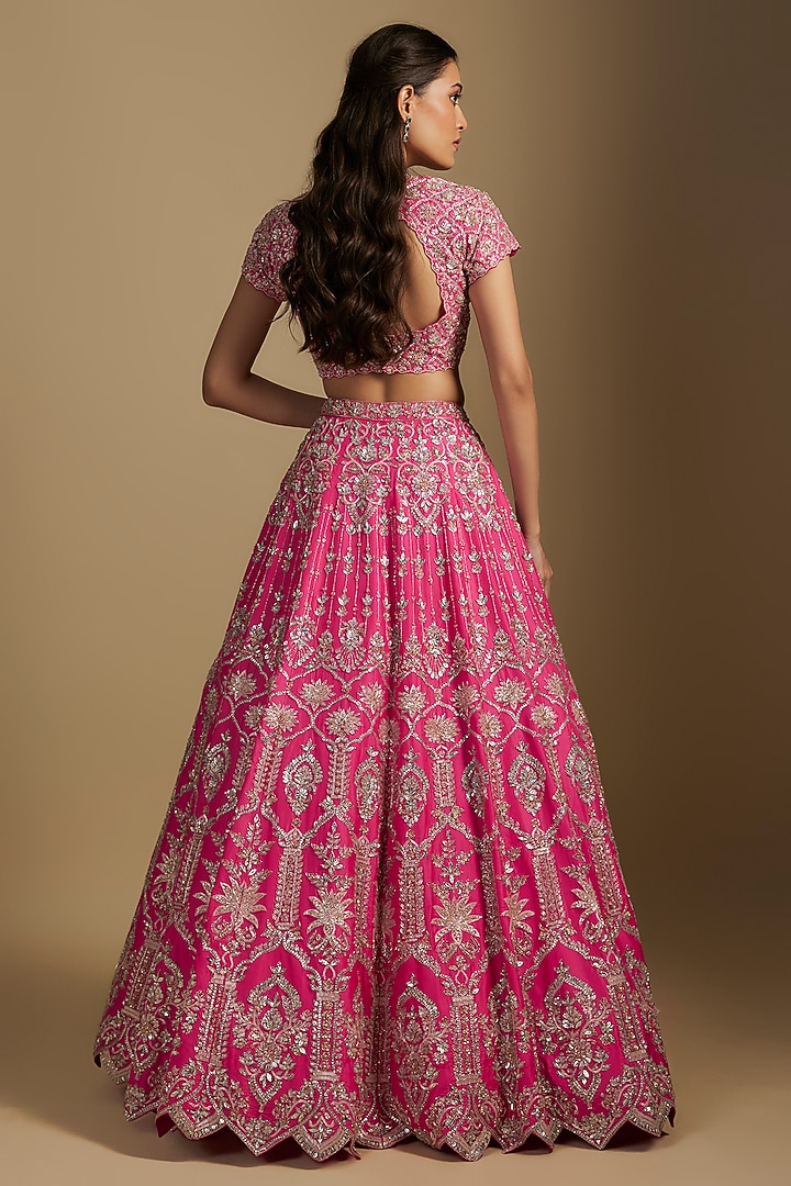 Pink Silk Silver Embroidered Bridal Lehenga Set by Aneesh Agarwaal at Pernia's Pop Up Shop