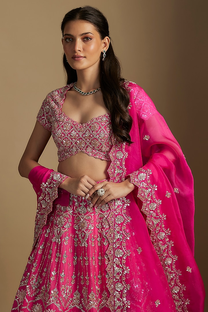 Pink Silk Silver Embroidered Bridal Lehenga Set by Aneesh Agarwaal at Pernia's Pop Up Shop