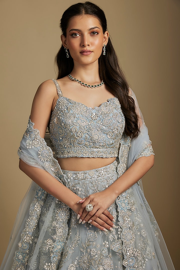 Sky Blue Net Bridal Lehenga Set by Aneesh Agarwaal at Pernia's Pop Up Shop