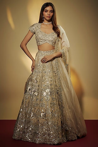 Ivory & Gold Silk Lehenga Set by Aneesh Agarwaal