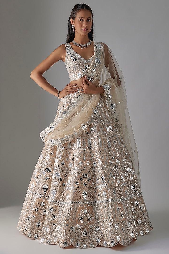 Beige & Cream Organza Bridal Lehenga Set by Aneesh Agarwaal at Pernia's Pop Up Shop