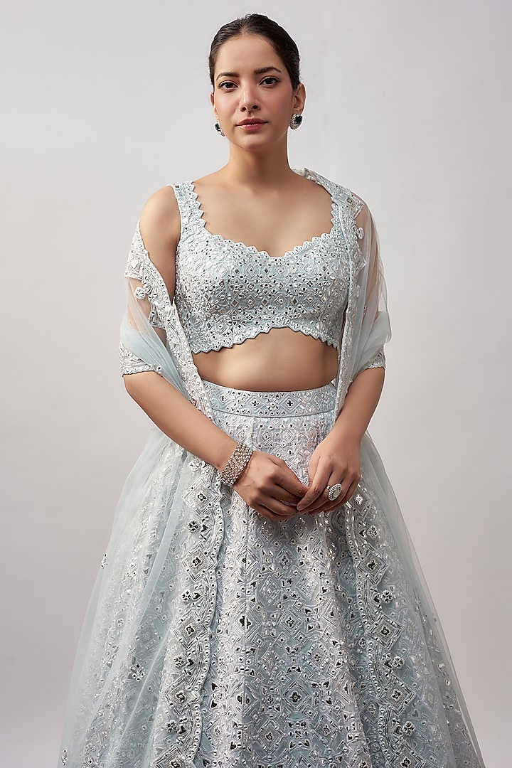 Sky Blue Organza Bridal Lehenga Set by Aneesh Agarwaal at Pernia's Pop Up Shop