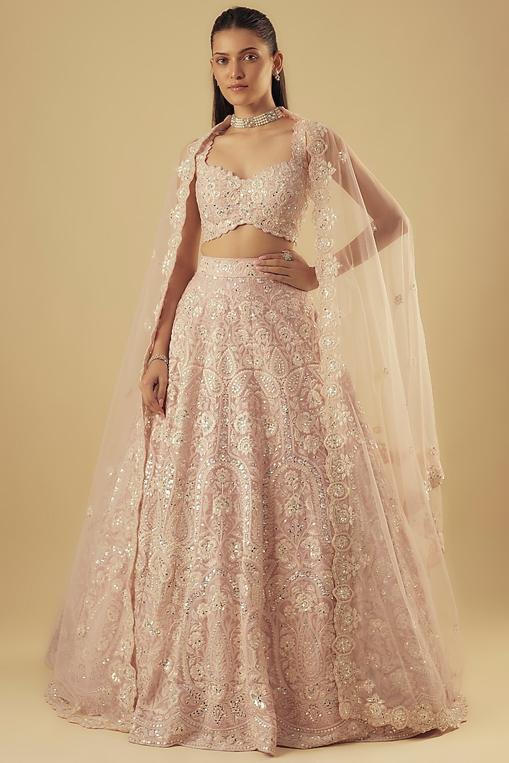 Pink & Cream Organza Resham Embroidered Bridal Lehenga Set by Aneesh Agarwaal at Pernia's Pop Up Shop