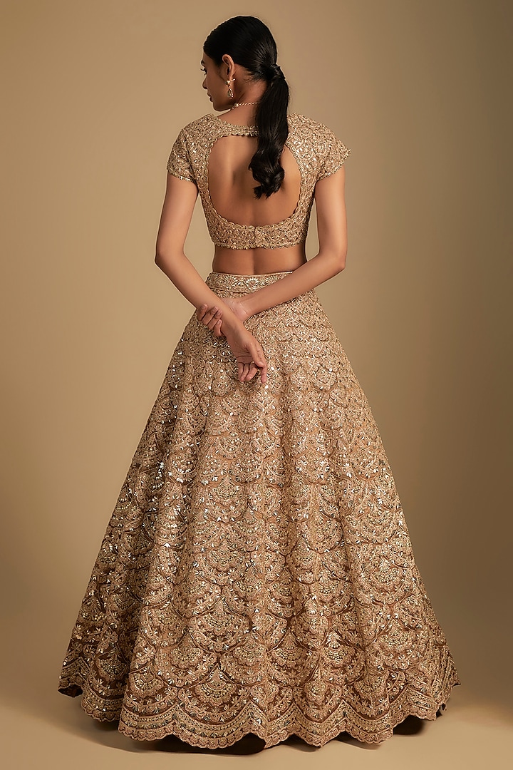 Gold Silk Tissue Embroidered Bridal Lehenga Set by Aneesh Agarwaal at Pernia's Pop Up Shop
