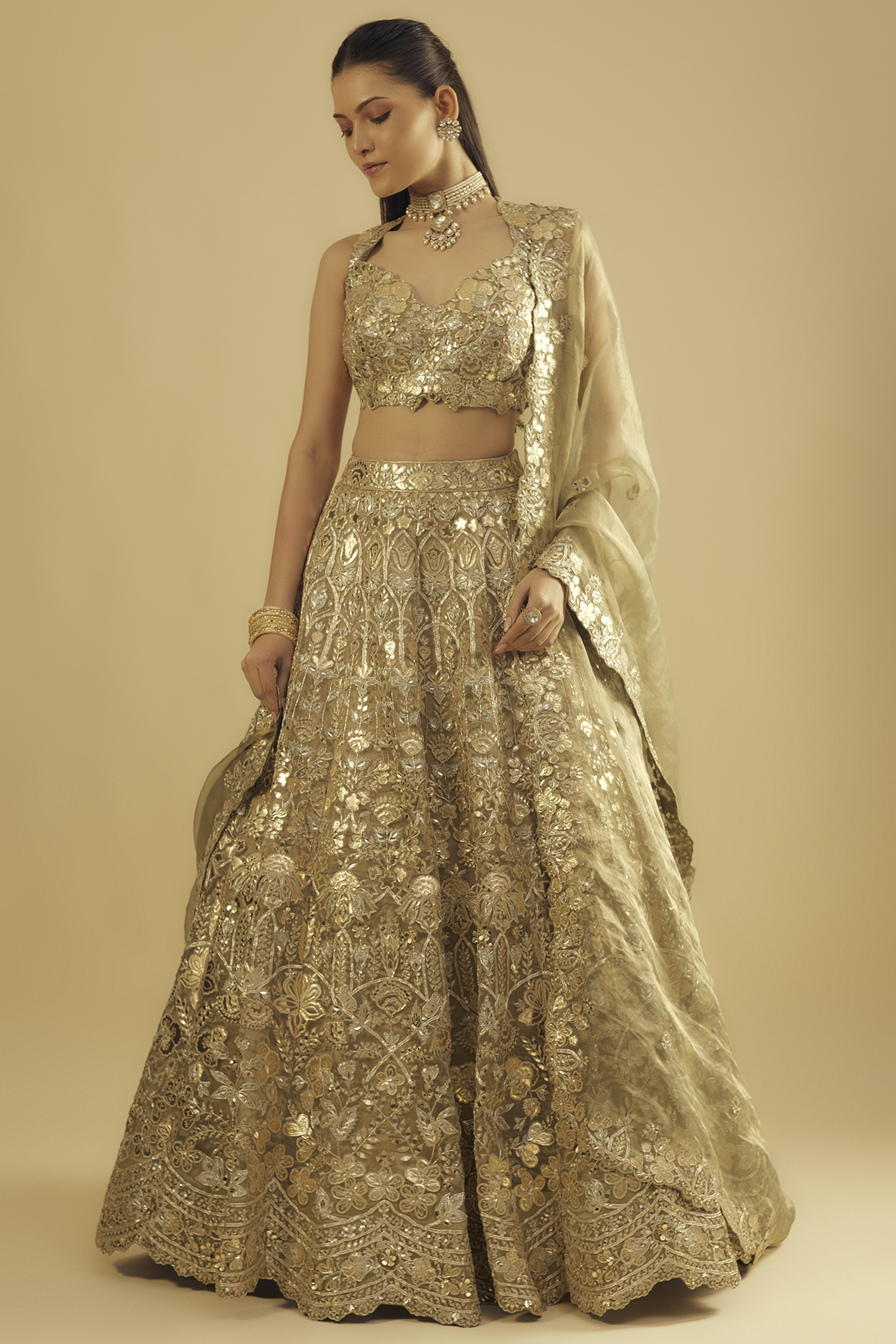 Green Silk Tissue Bridal Lehenga Set by Aneesh Agarwaal at Pernia's Pop Up Shop
