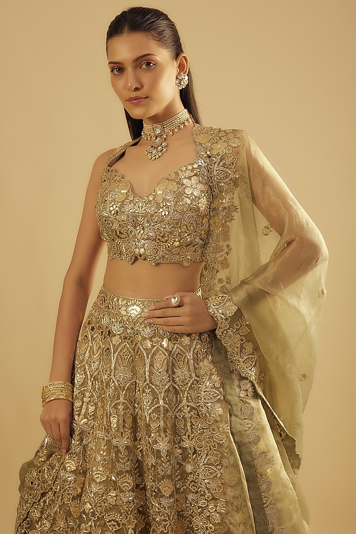 Green Silk Tissue Bridal Lehenga Set by Aneesh Agarwaal at Pernia's Pop Up Shop