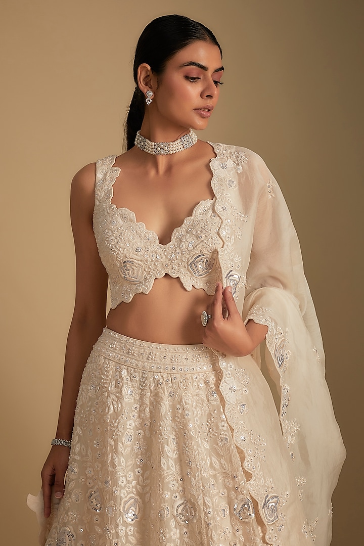 Ivory Organza Embroidered Bridal Lehenga Set by Aneesh Agarwaal at Pernia's Pop Up Shop