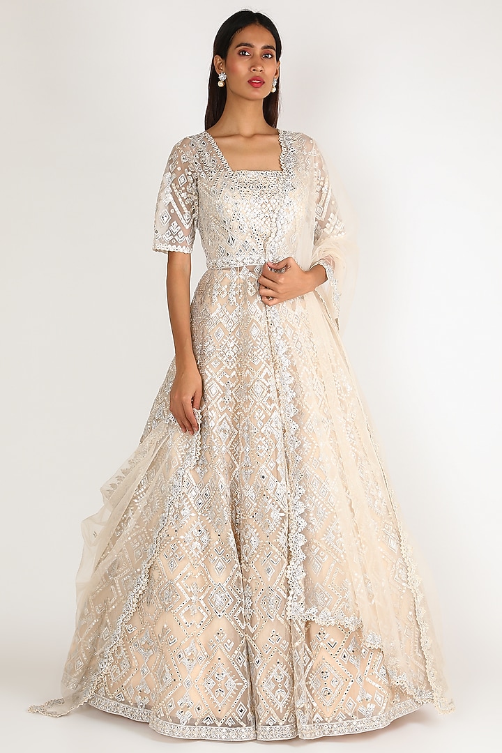 White Net Mirror Embroidered Jacket Bridal Lehenga Set by Aneesh Agarwaal at Pernia's Pop Up Shop