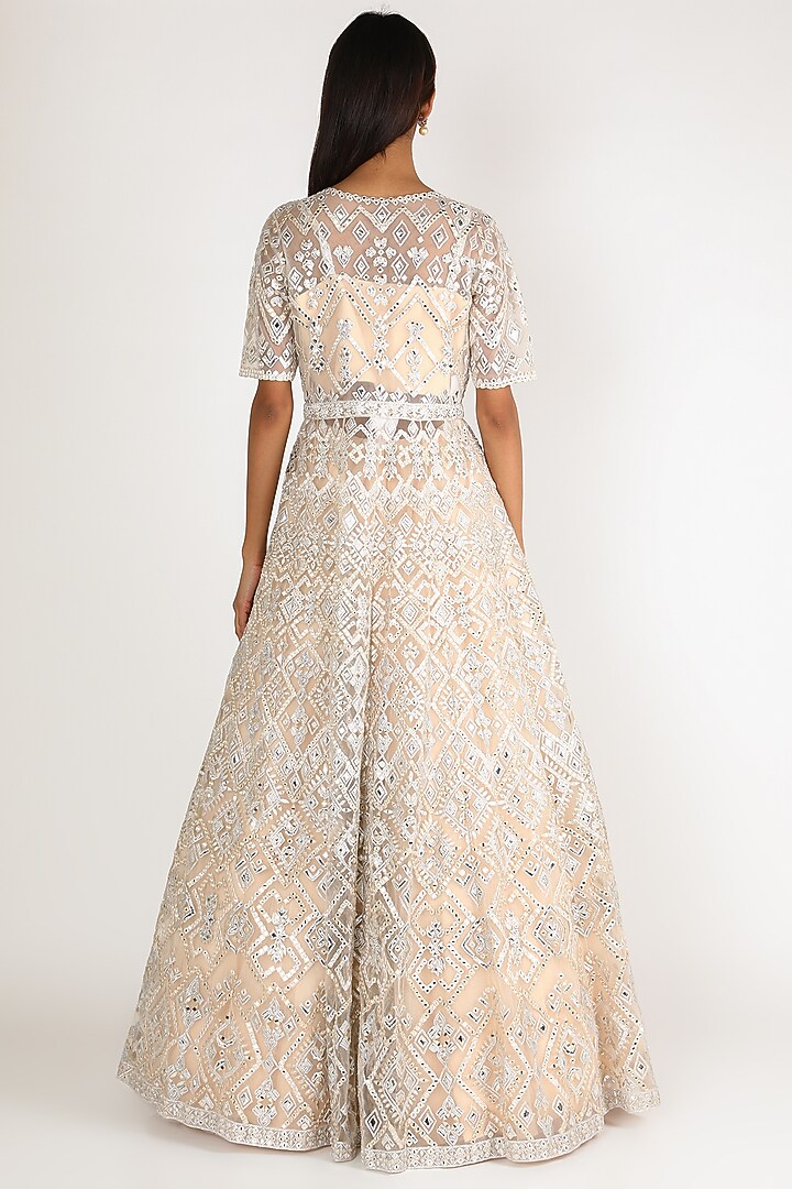 White Net Mirror Embroidered Jacket Bridal Lehenga Set by Aneesh Agarwaal at Pernia's Pop Up Shop