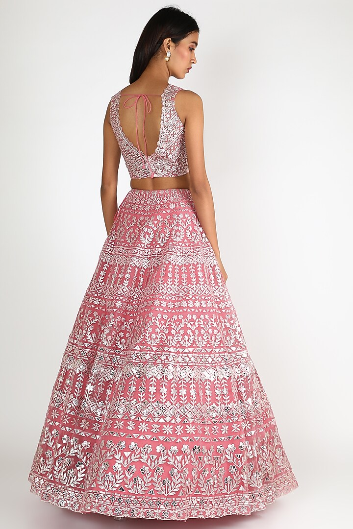 Coral Embroidered Net Bridal Lehenga Set by Aneesh Agarwaal at Pernia's Pop Up Shop