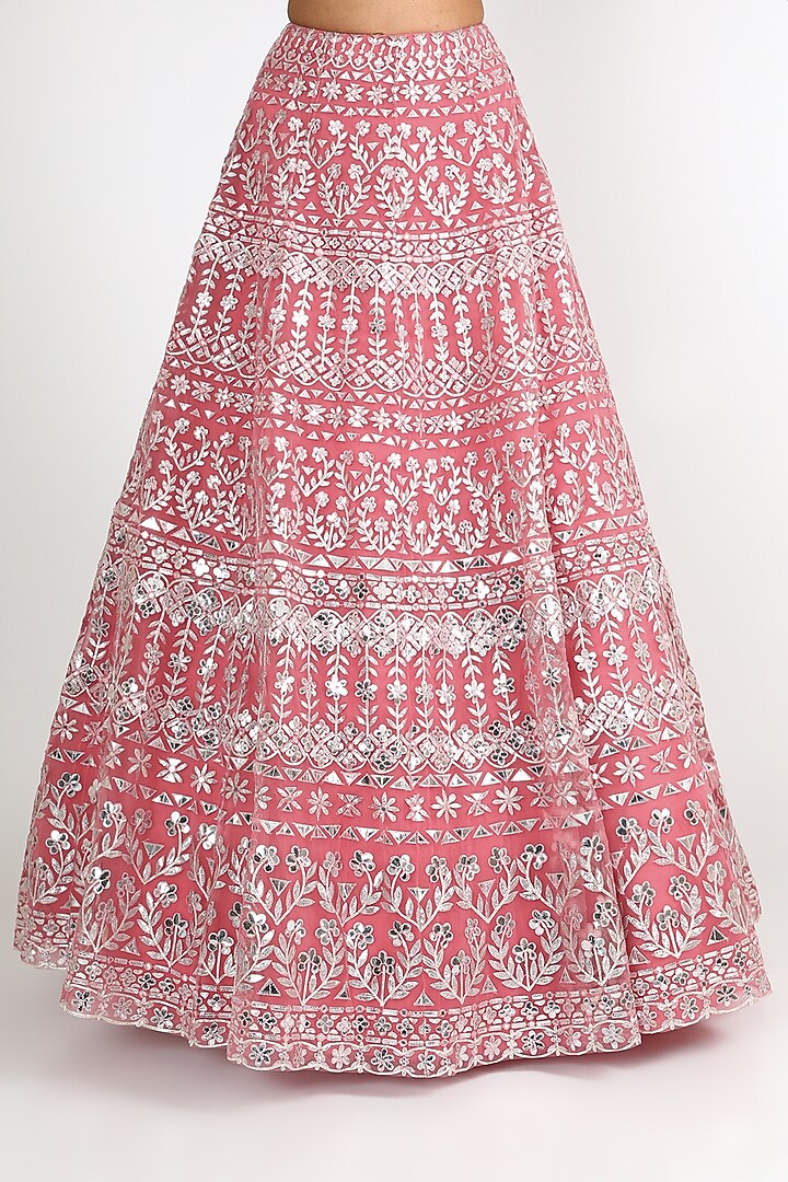 Coral Embroidered Net Bridal Lehenga Set by Aneesh Agarwaal at Pernia's Pop Up Shop