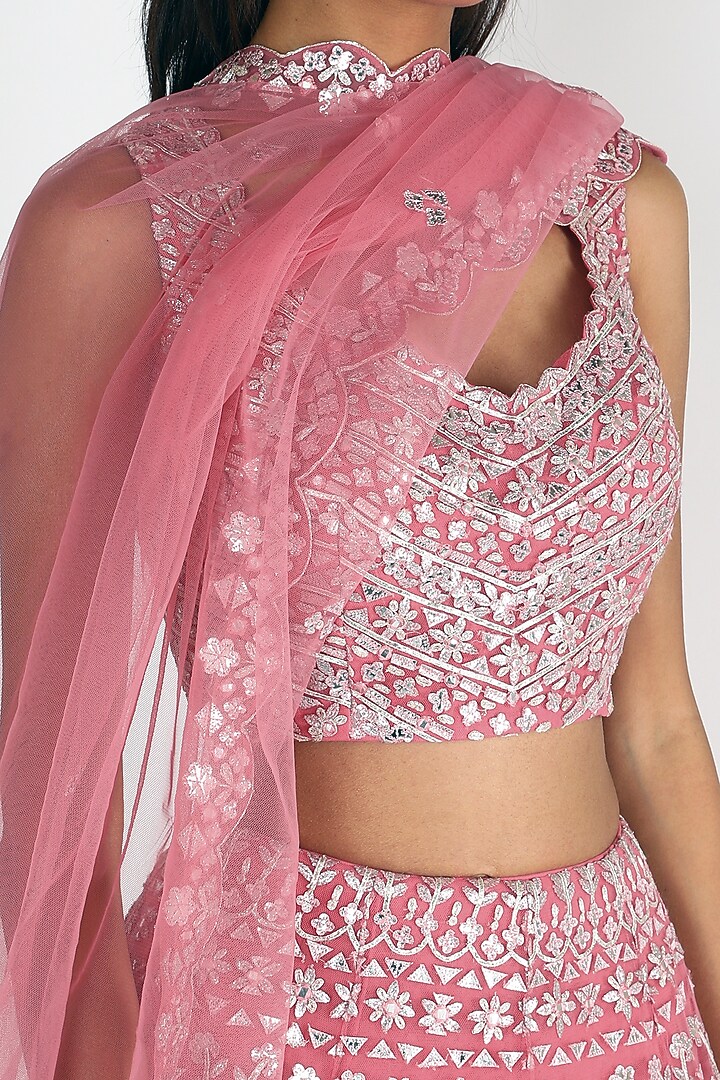 Coral Embroidered Net Bridal Lehenga Set by Aneesh Agarwaal at Pernia's Pop Up Shop