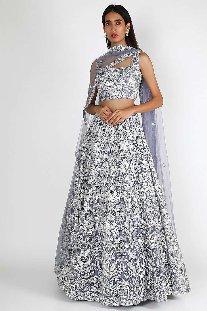 Grey Motif Embroidered Lehenga Set by Aneesh Agarwaal