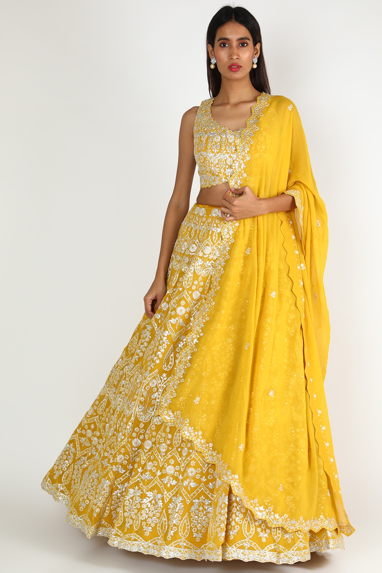 Buy Geroo Jaipur Yellow Handcrafted Gota Work Chanderi Lehenga Set online