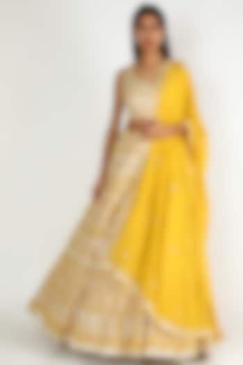 Yellow Mirror & Gota Patti Embroidered Lehenga Set by Aneesh Agarwaal