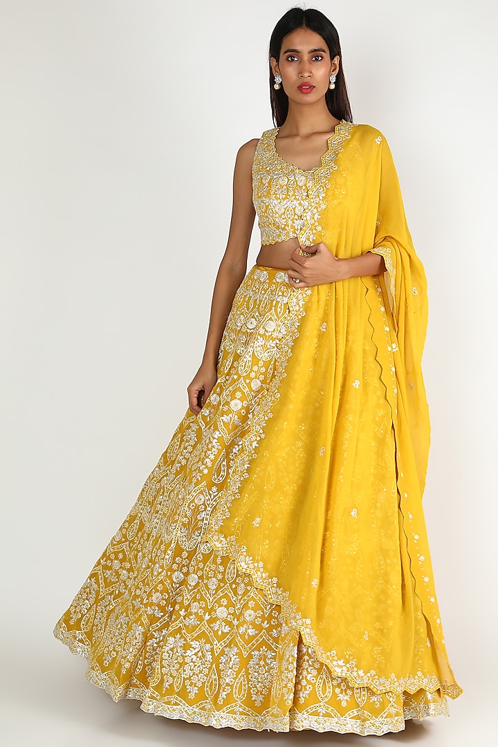 Yellow Mirror & Gota Patti Embroidered Lehenga Set by Aneesh Agarwaal