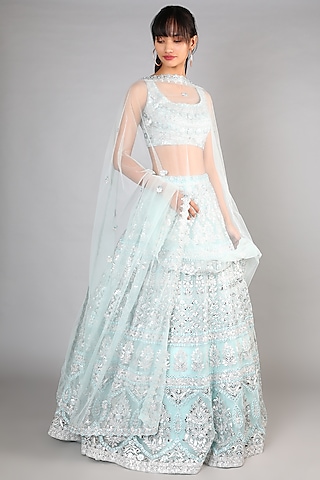 Turquoise Zari Embroidered Lehenga Set by Aneesh Agarwaal