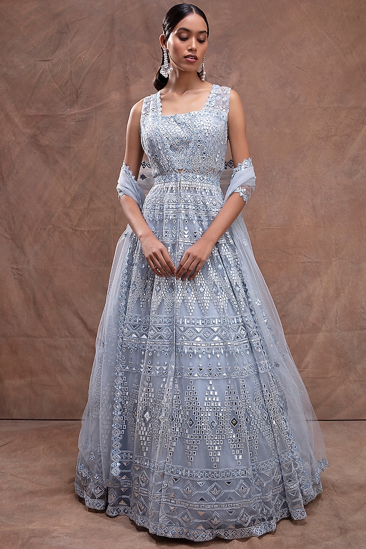 Sky Blue Embroidered Jacket Bridal Lehenga Set by Aneesh Agarwaal at Pernia's Pop Up Shop