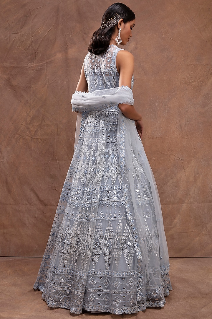 Sky Blue Embroidered Jacket Bridal Lehenga Set by Aneesh Agarwaal at Pernia's Pop Up Shop