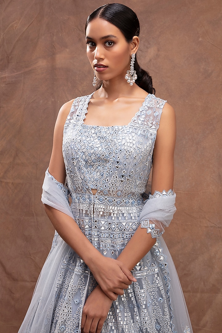 Sky Blue Embroidered Jacket Bridal Lehenga Set by Aneesh Agarwaal at Pernia's Pop Up Shop