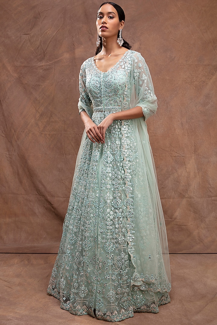 Turquoise Embroidered Jacket Bridal Lehenga Set by Aneesh Agarwaal at Pernia's Pop Up Shop