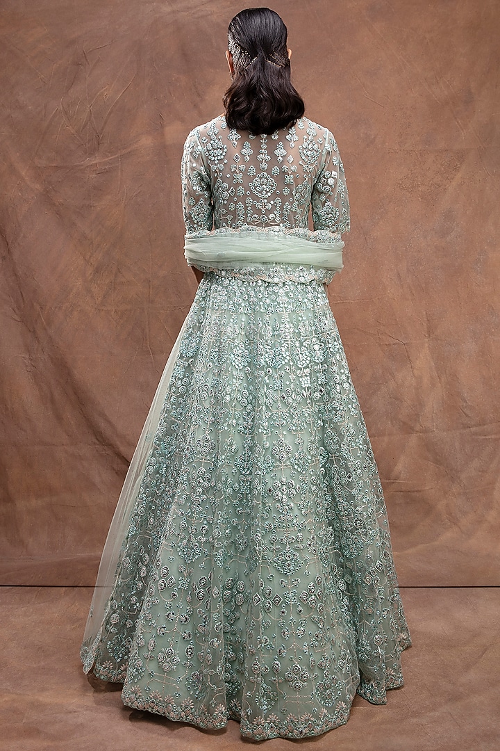 Turquoise Embroidered Jacket Bridal Lehenga Set by Aneesh Agarwaal at Pernia's Pop Up Shop