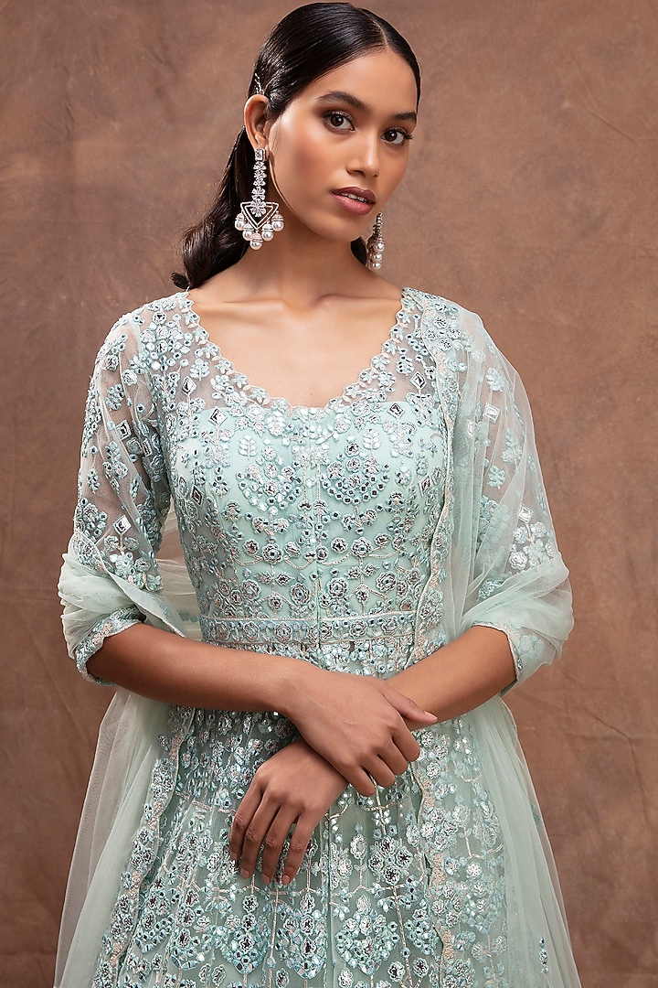 Turquoise Embroidered Jacket Bridal Lehenga Set by Aneesh Agarwaal at Pernia's Pop Up Shop