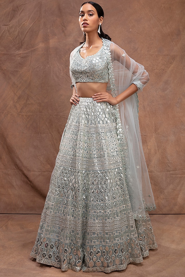 Sky Blue Embroidered Bridal Lehenga Set by Aneesh Agarwaal at Pernia's Pop Up Shop