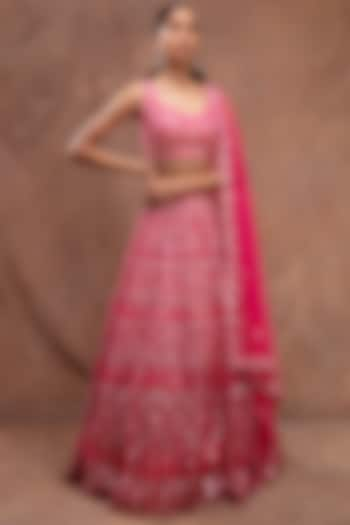 Fuchsia Floral Embroidered Lehenga Set by Aneesh Agarwaal