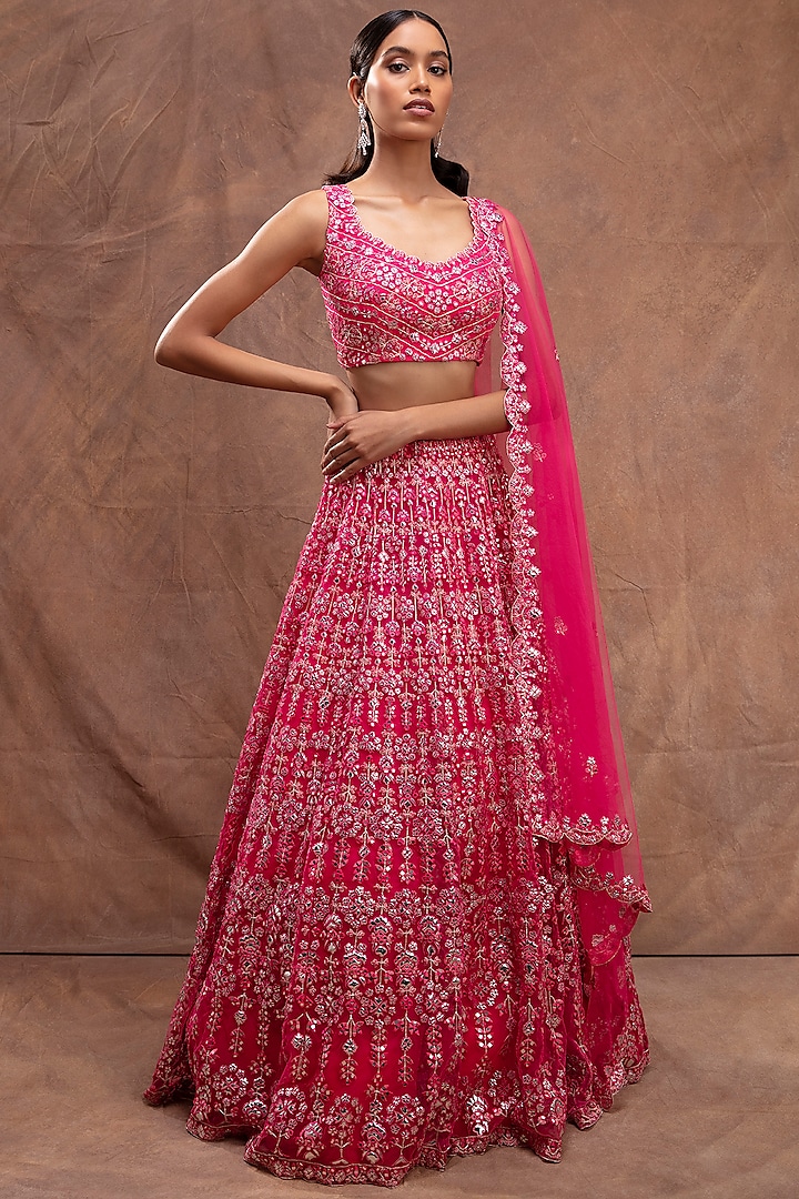 Fuchsia Floral Embroidered Wedding Lehenga Set by Aneesh Agarwaal at Pernia's Pop Up Shop