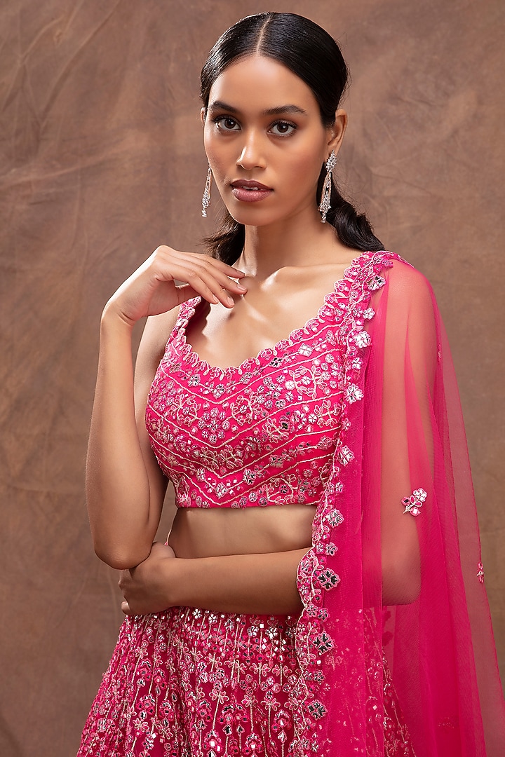 Fuchsia Floral Embroidered Bridal Lehenga Set by Aneesh Agarwaal at Pernia's Pop Up Shop