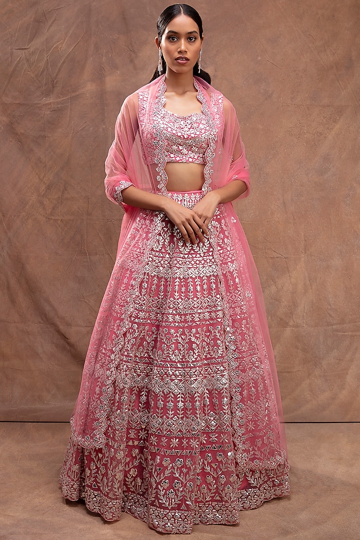 Coral Embroidered Lehenga Set by Aneesh Agarwaal