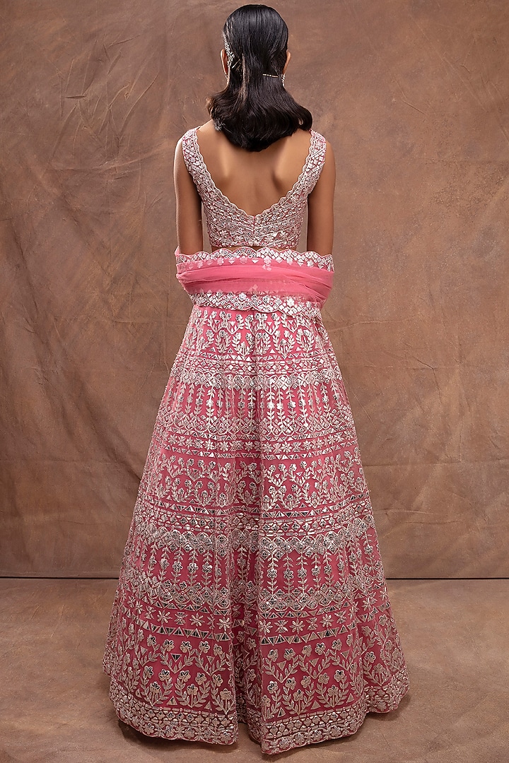 Coral Embroidered Bridal Lehenga Set by Aneesh Agarwaal at Pernia's Pop Up Shop
