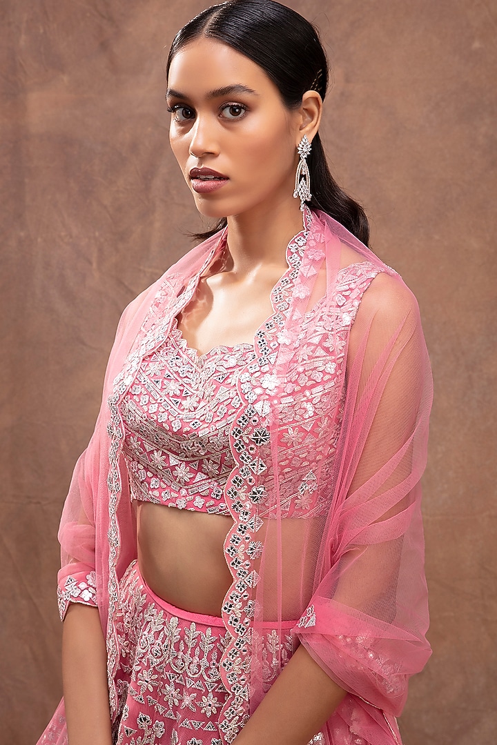 Coral Embroidered Bridal Lehenga Set by Aneesh Agarwaal at Pernia's Pop Up Shop