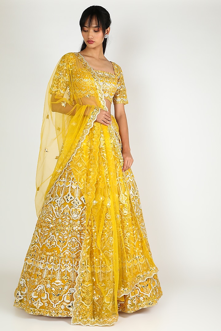 Yellow Embroidered Lehenga Set by Aneesh Agarwaal