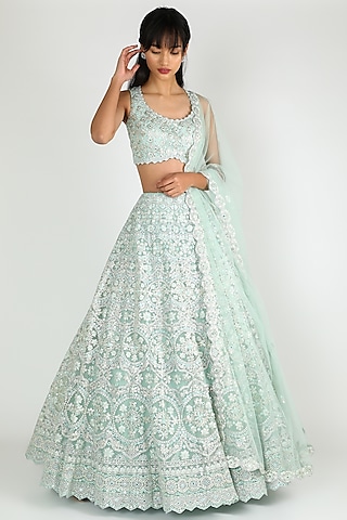 Turquoise Embroidered Lehenga Set by Aneesh Agarwaal