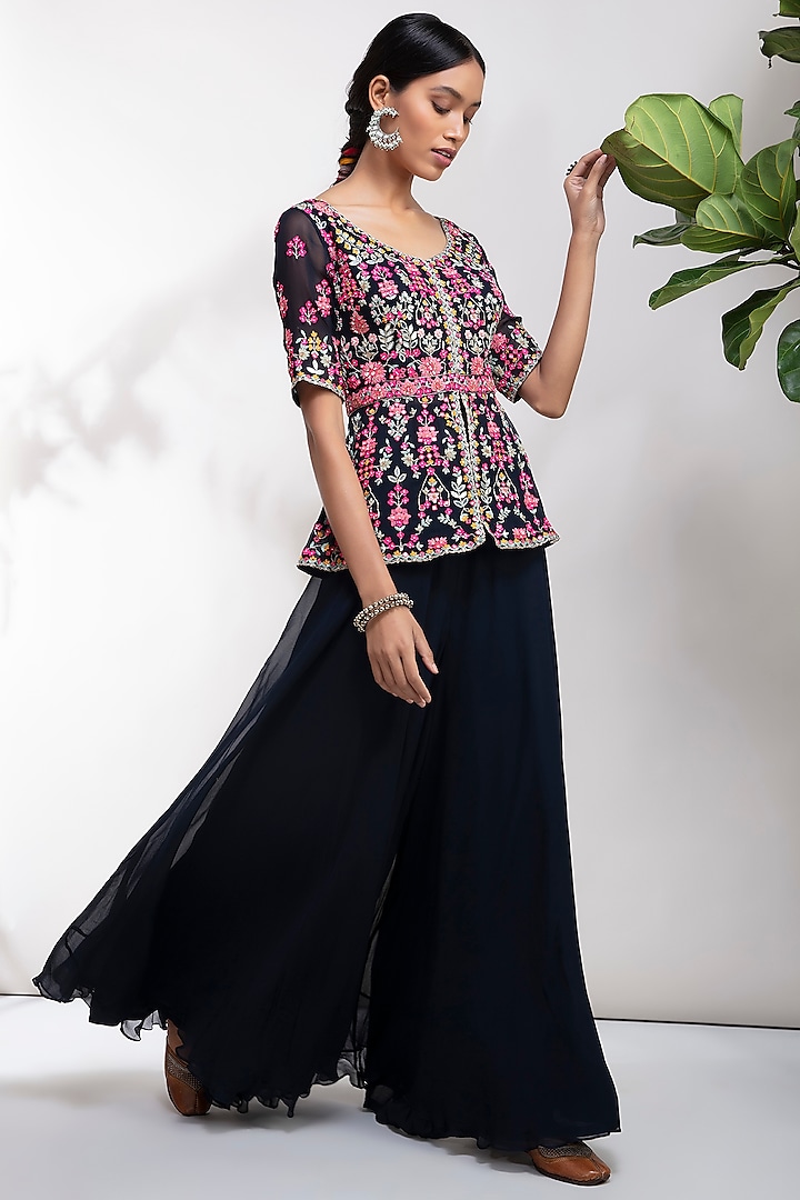 Navy Blue Embroidered Sharara Set by Aneesh Agarwaal PRET