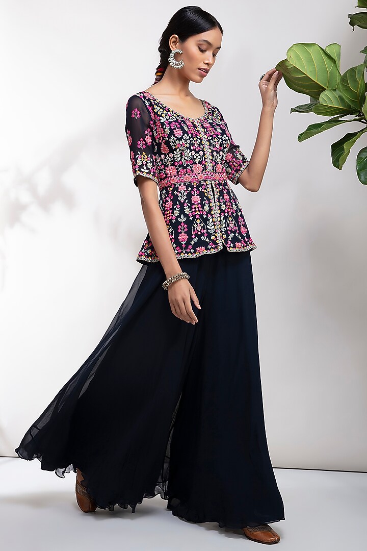 Navy Blue Embroidered Wedding Sharara Set by Aneesh Agarwaal PRET at Pernia's Pop Up Shop