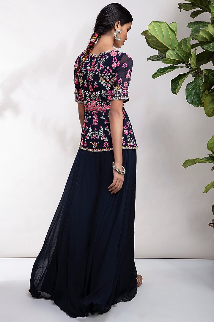 Navy Blue Embroidered Wedding Sharara Set by Aneesh Agarwaal PRET at Pernia's Pop Up Shop
